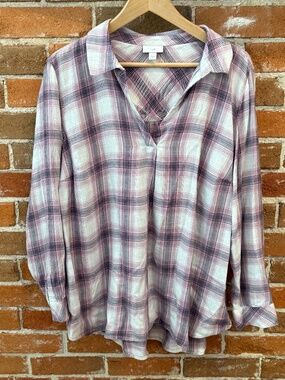 J.Jill Plaid Tunic Top V-Neck Long Sleeve Purple / White  Lightweight Flannel XL